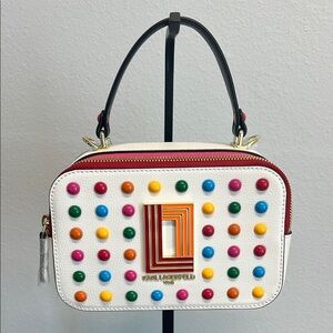 Karl Lagerfeld | White Multicolor Studded Camera Crossbody Bag ✨